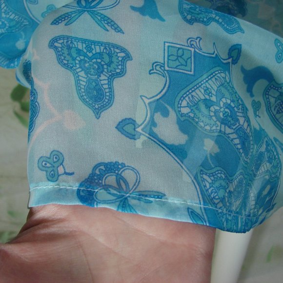 Sheer Blue Tones Open Long Sleeve Boho Mehndi Style Floral Side Slit Cover Up - Picture 9 of 16